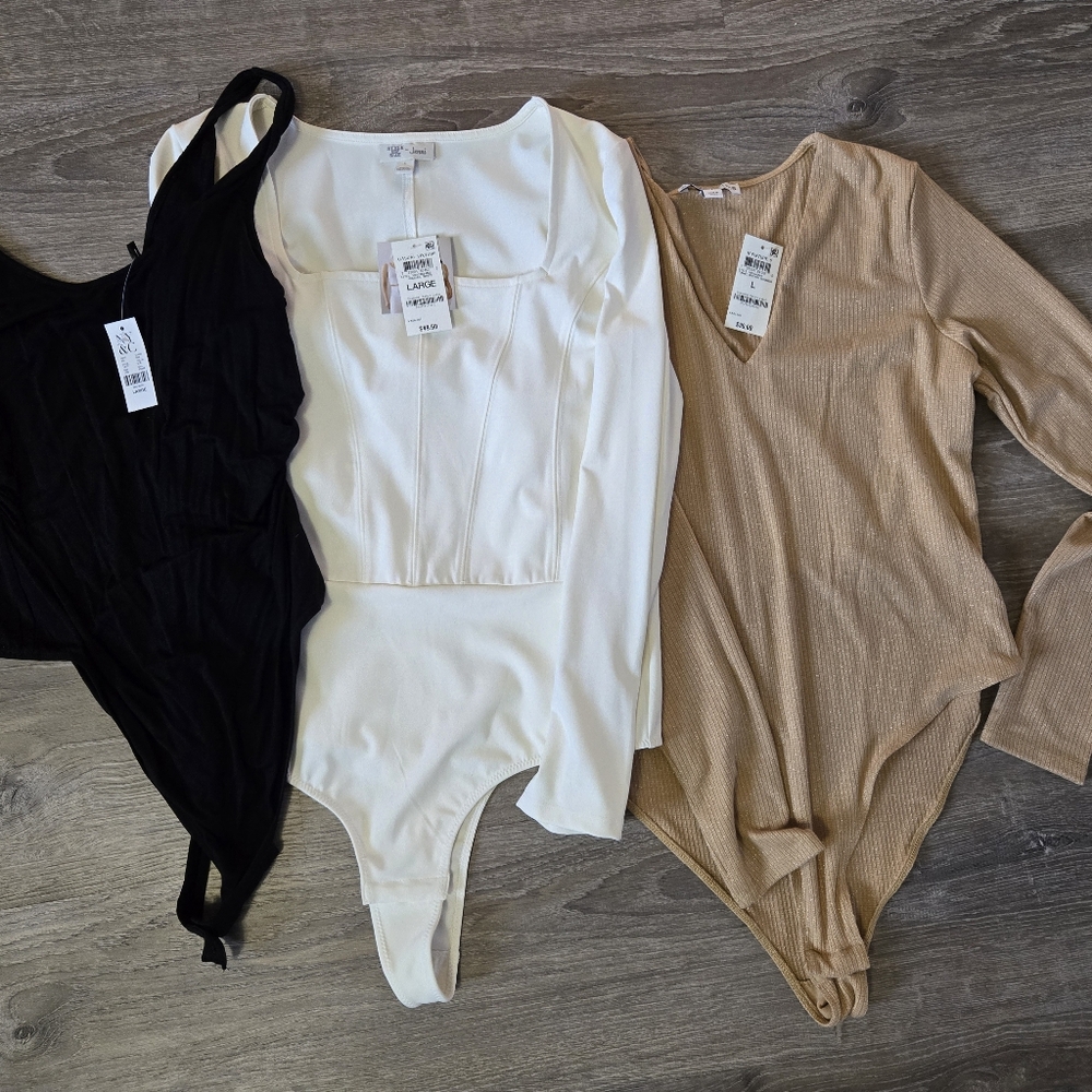 New York & Company Black, White, and Tan Bodysuits